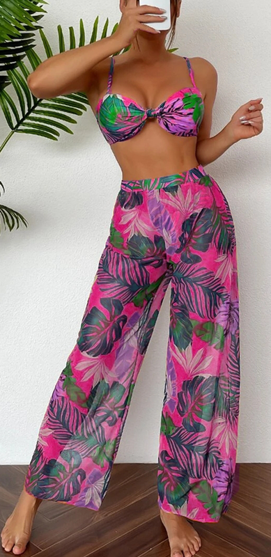 Tropical print bikini swimsuit with cover up pants Pink