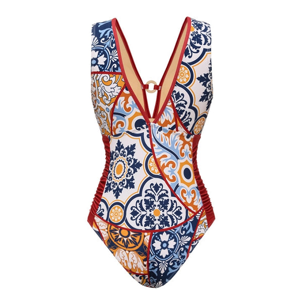 Red Geometric Tummy Control Swimsuit With Sarong