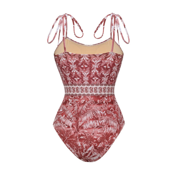 Brown Tropical One Piece Swimsuit With Sarong