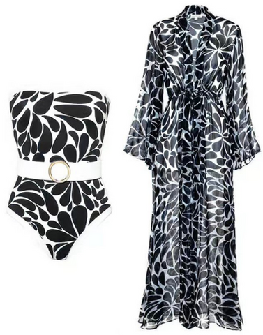 Flower Print One Piece Swimsuit with Long Cover Up Black