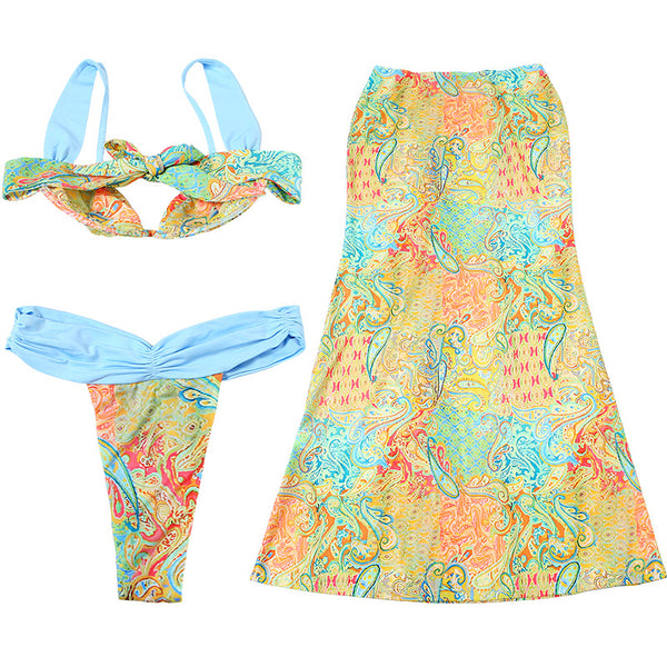 Multicolor Paisley Brazilian Bikini Set With Beach Skirt Without Pads