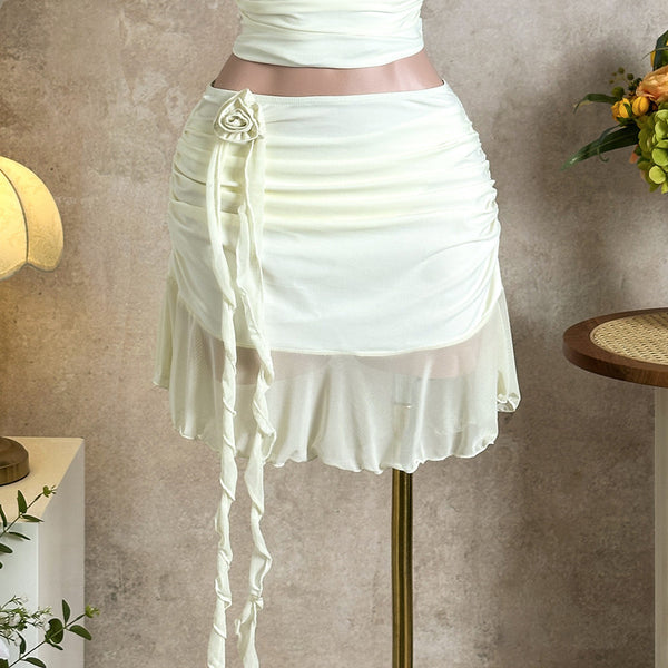 White Solid Crop Top Bikini Set With Beach Skirt
