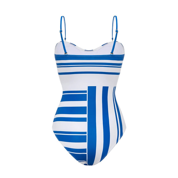 Blue Stripes Tummy Control Swimsuit With Beach Skirt