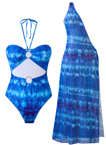 Random Print Halter Neck One Piece Swimsuit with Chiffon Skirt Blue