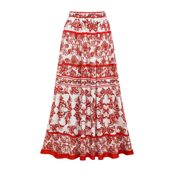 Red Majolica print High Waisted Bikini Set With Beach Skirt