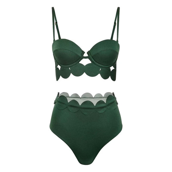 Green Solid High Waisted Bikini Set With Beach Skirt