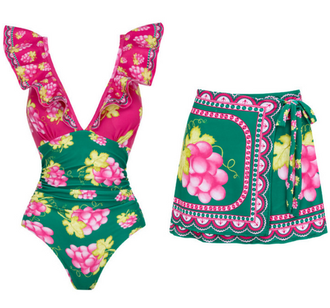 Ruffled Ruched Floral Print Shoulder Straps One Piece Swimsuit with Skirt Multicolor