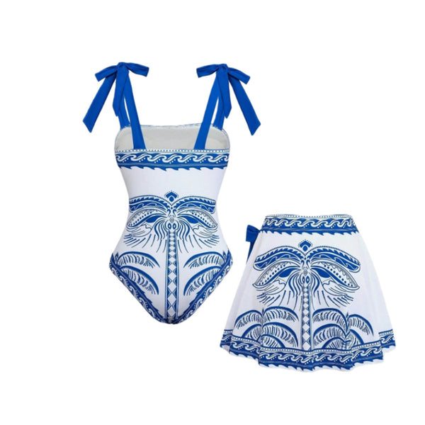 Blue Tropical One Piece Swimsuit With Beach Skirt