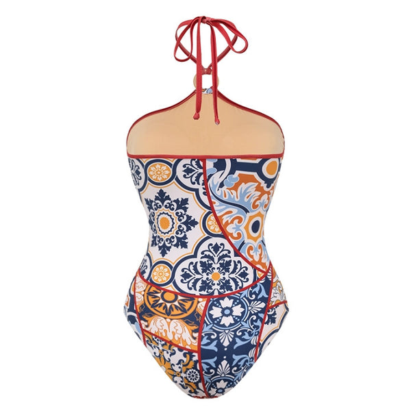 Red Geometric Halter One Piece Swimsuit With Sarong