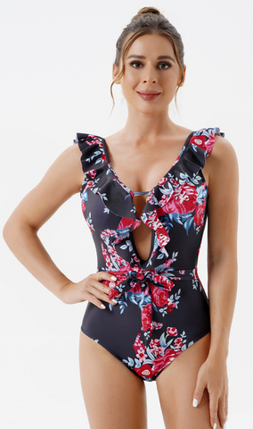 Front Cut Out Hollow Out Printed Backless Swimsuit Black