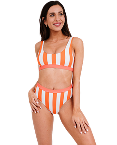 Orange Athletic Striped Tank High Waisted Swimsuit