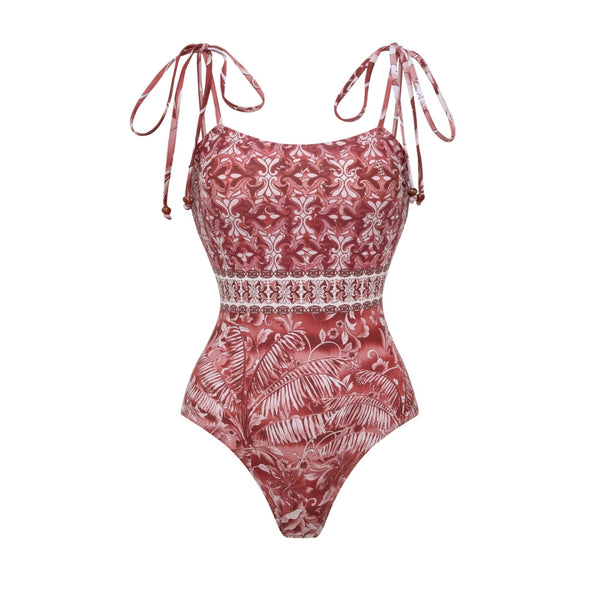 Brown Tropical One Piece Swimsuit With Sarong