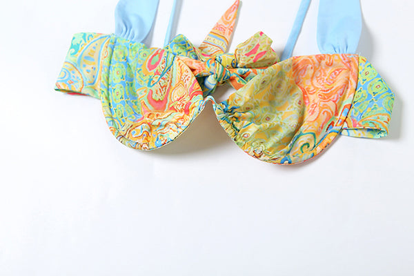 Multicolor Paisley Brazilian Bikini Set With Beach Skirt Without Pads