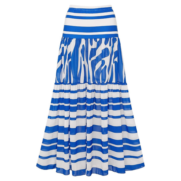 Blue Stripes Tummy Control Swimsuit With Beach Skirt