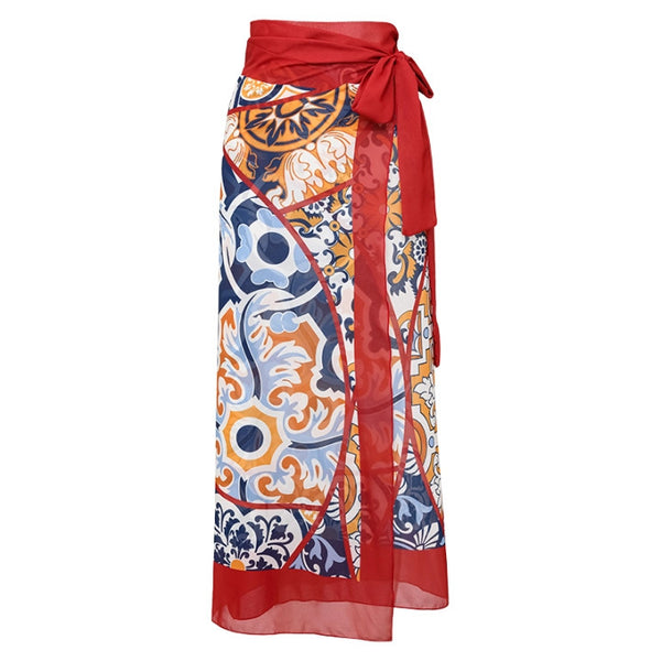 Red Geometric Halter One Piece Swimsuit With Sarong