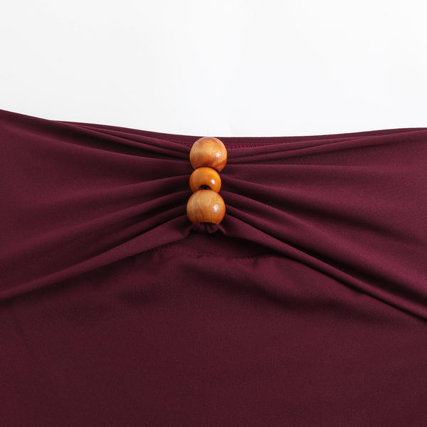 Maroon Solid Cut Out One Piece Swimsuit With Beach Skirt