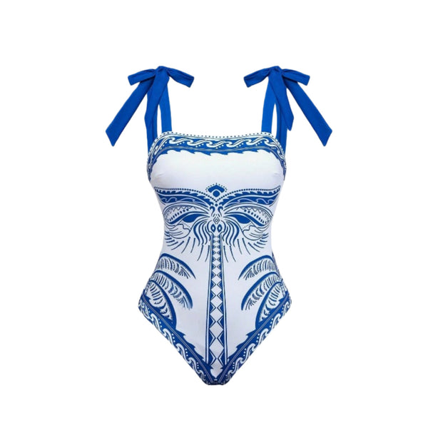 Blue Tropical One Piece Swimsuit With Beach Skirt
