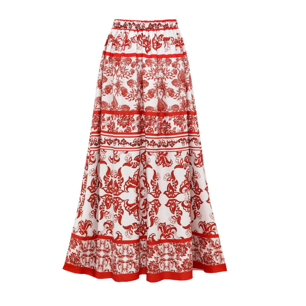 Red Majolica print High Waisted Bikini Set With Beach Skirt