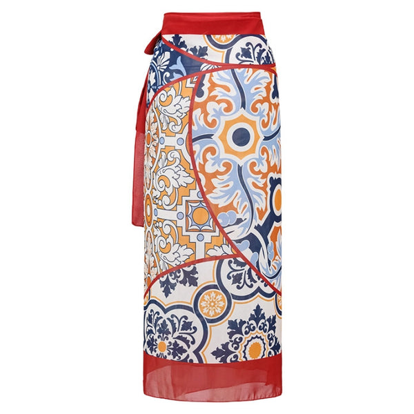 Red Geometric Halter One Piece Swimsuit With Sarong