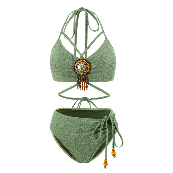 Green Solid Halter Bikini Set With Beach Skirt