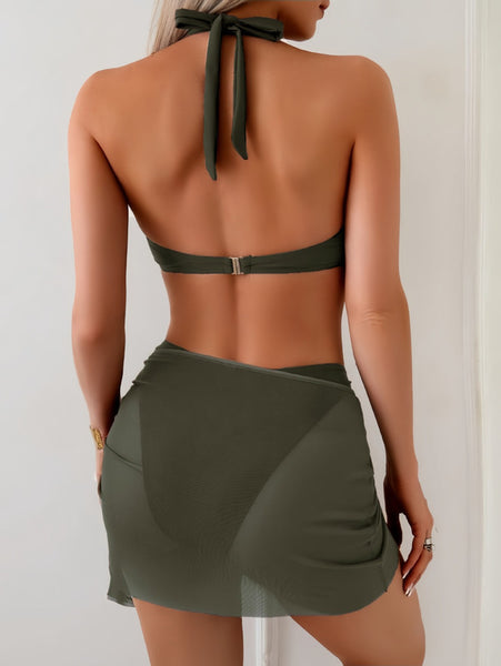 Green Solid Halter Bikini Set With Sarong