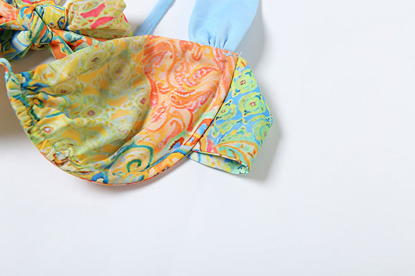 Multicolor Paisley Brazilian Bikini Set With Beach Skirt Without Pads