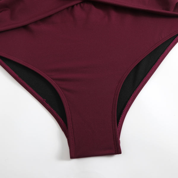 Maroon Solid Cut Out One Piece Swimsuit With Beach Skirt