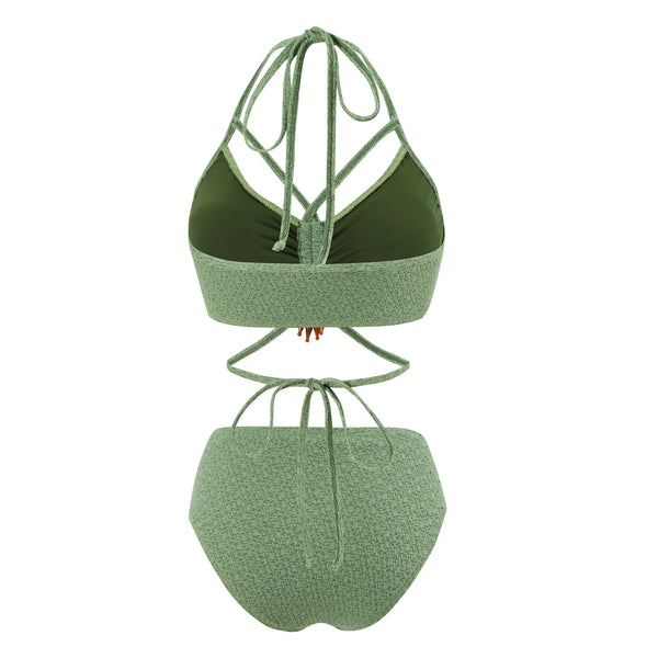 Green Solid Halter Bikini Set With Beach Skirt