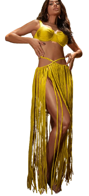 Fringe Bra Top And Skirt Three Piece Swimsuit Light Yellow