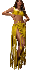 Fringe Bra Top And Skirt Three Piece Swimsuit Light Yellow