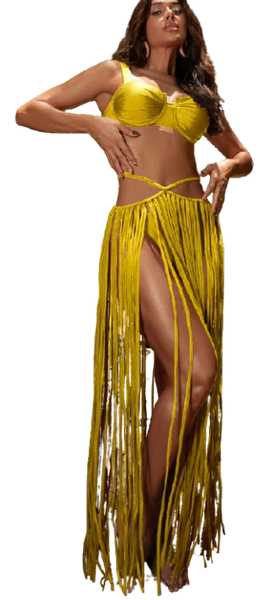 Fringe Bra Top And Skirt Three Piece Swimsuit Light Yellow