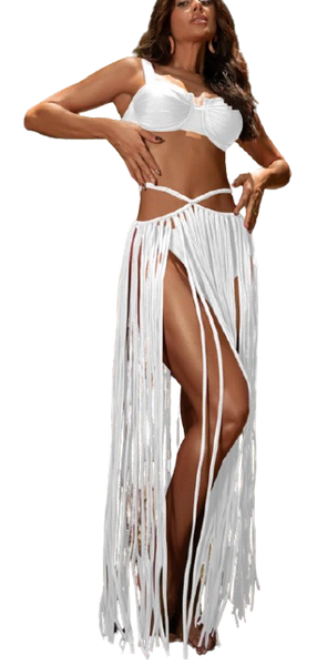 Fringe Bra Top And Skirt Three Piece Swimsuit White