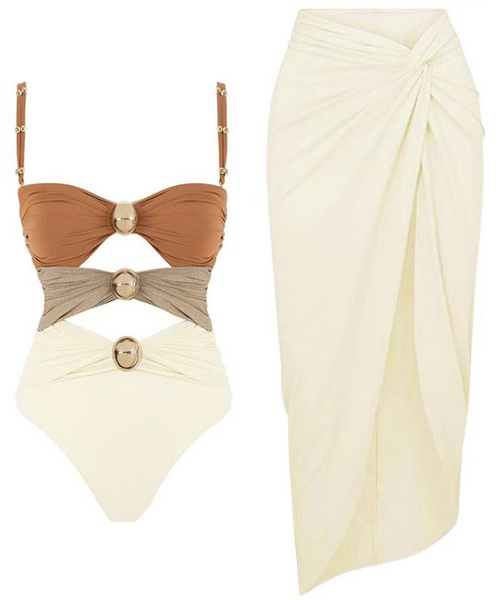 One Piece Swimsuit Dark Orange with Beach Cover up Wrap Skirt