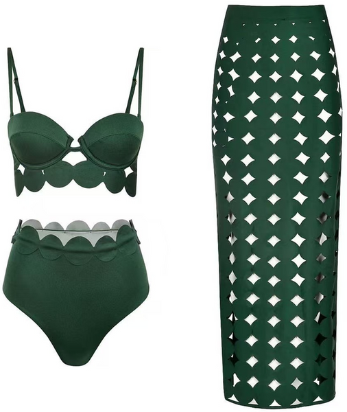 Green Solid High Waisted Bikini Set With Beach Skirt