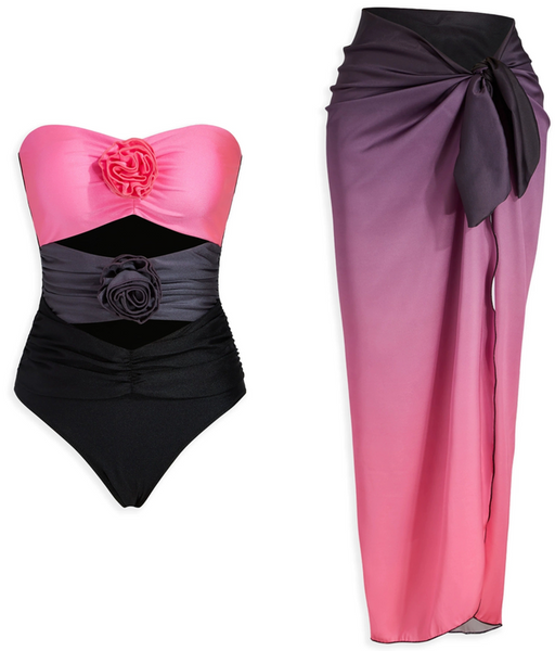 Pink Gradient One Piece Swimsuit With Sarong