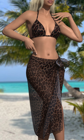 Bikini Set Halter Top & Tie Side Bottom & Beach Skirt 3 Piece Swimsuit Leopard