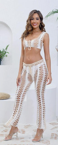 White Solid Bikini Set Beach Pants 
