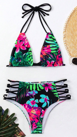 Women's Crossover Bikini Sets Floral Tropical Pink