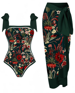 One-Piece Off-Shoulder Floral Print Swimsuit with Cover-Up Dark Green