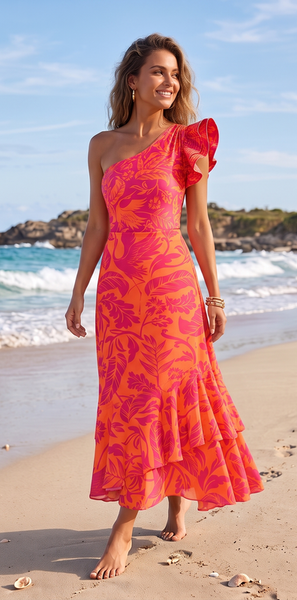 Multicolor Tropical One Shoulder One Piece Swimsuit With Beach Skirt