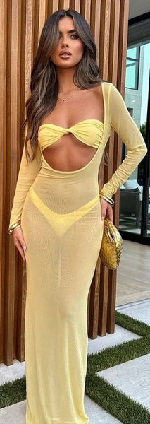 Solid Straps less Bikini Set Swimsuit With Cover Up Yellow 