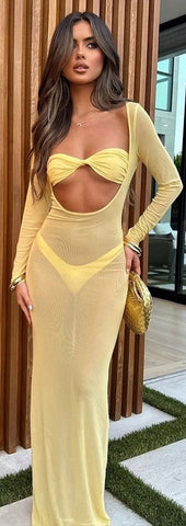 Solid Straps less Bikini Set Swimsuit With Cover Up Yellow 