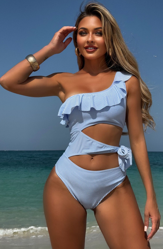 Solid One Shoulder One Piece Swimsuit Light Blue
