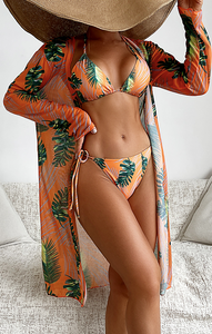 Three Piece Swimsuit Set with Bikini Shawl and Sunscreen Mesh Orange