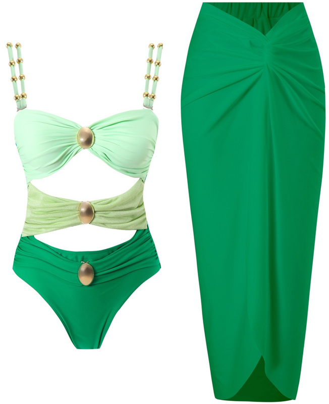 One Piece Swimsuit with Beach Cover up Wrap Skirt Green