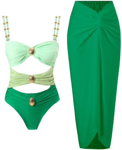 One Piece Swimsuit with Beach Cover up Wrap Skirt Green