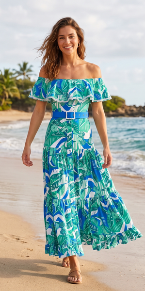 Multicolor Tropical Off Shoulder One Piece Swimsuit With Beach Skirt