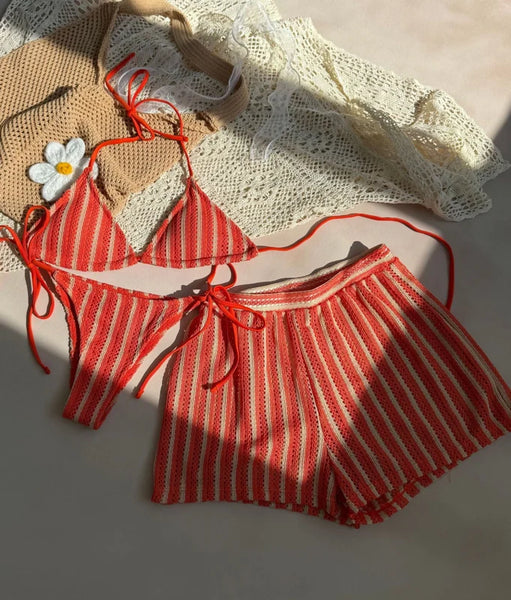 Orange Stripes Halter Bikini Set With Beach Shorts