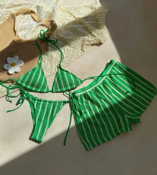 Green Stripes Halter Bikini Set With Beach Shorts