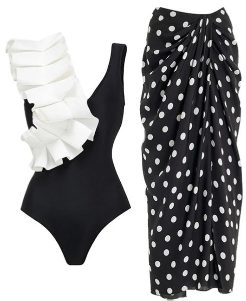 Black Polka Dots Ruffle One Piece Swimsuit With Beach Skirt